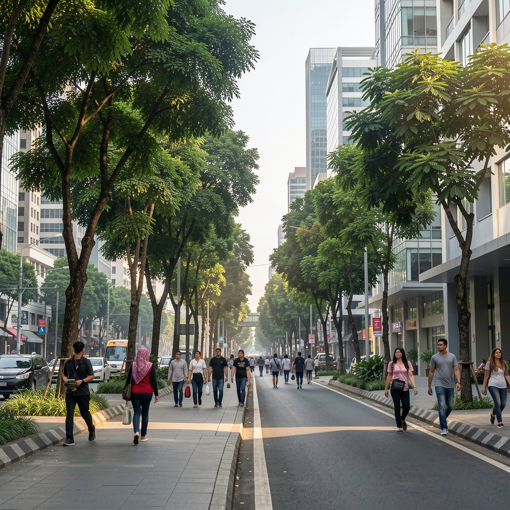 View of a modern Indonesian city street with tree-lined pavement, pedestrians walking in morning light, contrasting urban density with natural greenery