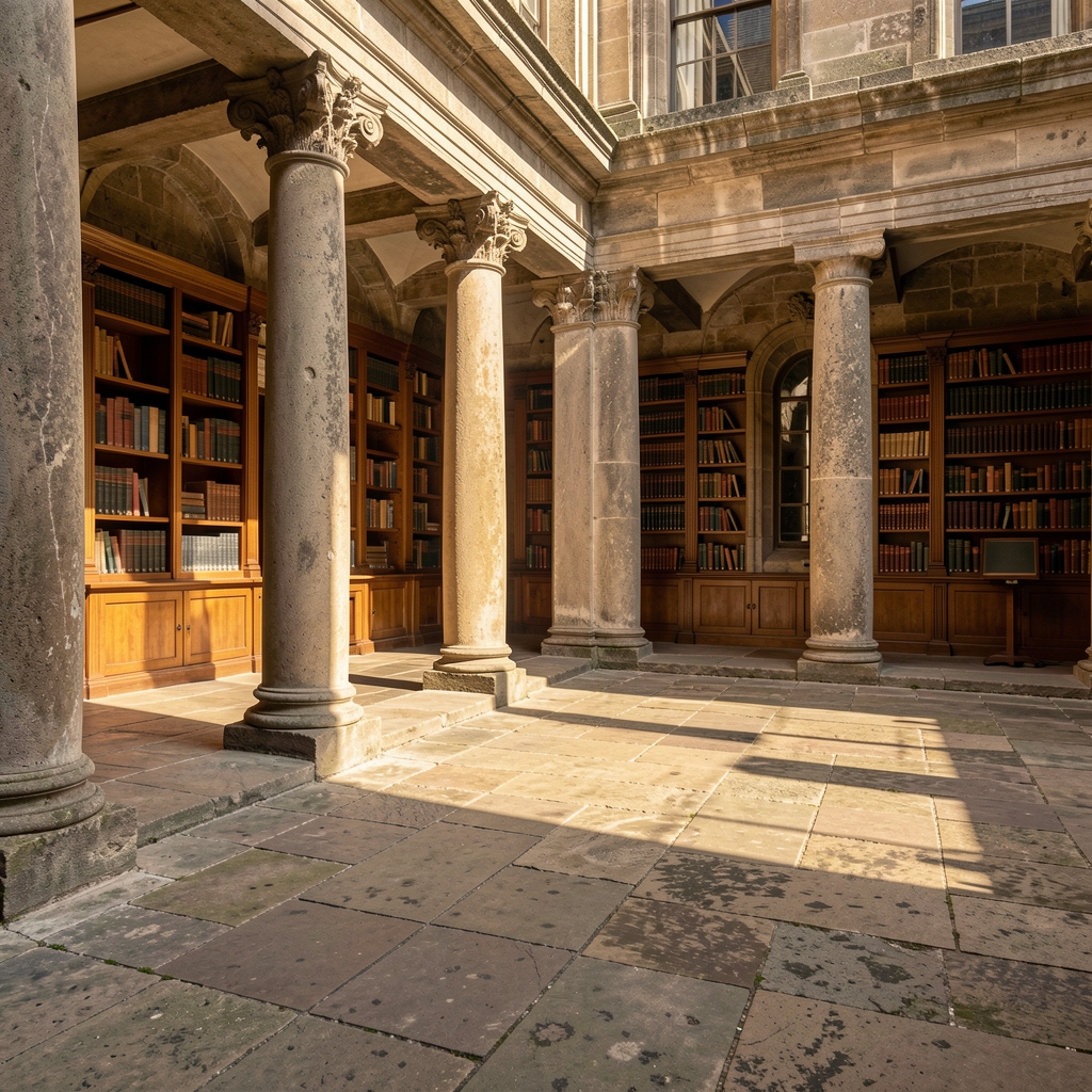 Aged leather-bound books and a scrolled parchment on a dark wooden surface with warm candlelight, evoking historical scholarship and cultural archives