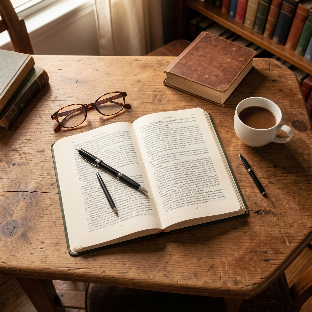 Overhead view of a wooden table with an open journal, a pen, reading glasses and a cup of coffee in a calm study environment, warm natural light